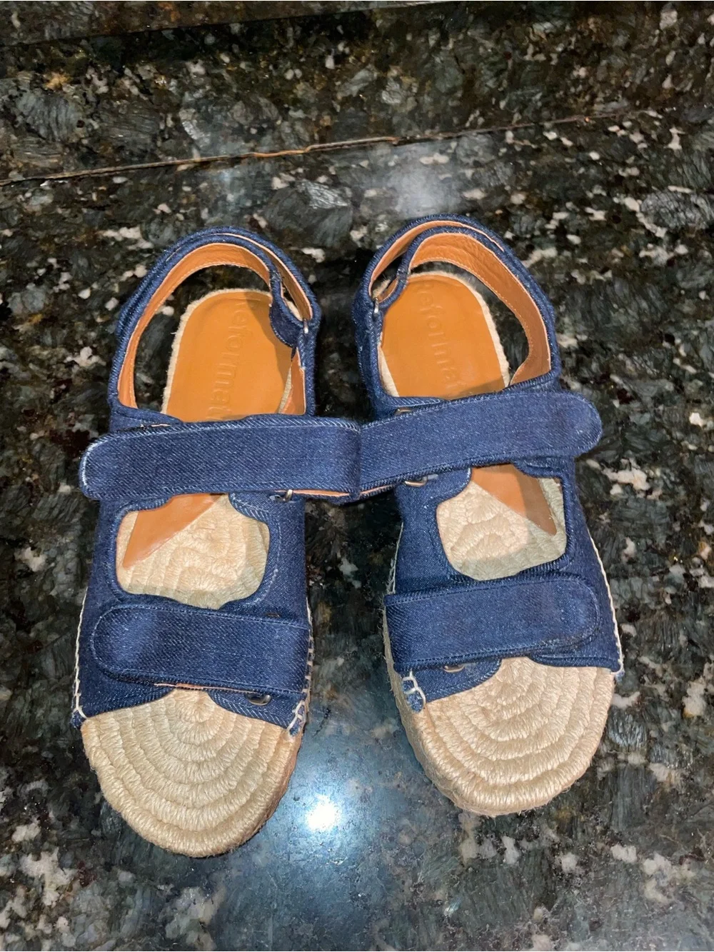 New! Reformation Trinity Sport Dark Blue Denim Espadrille Platform Sandals 💙 9